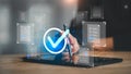 Digital verification concept with glowing check mark, document checklist, and workflow interface on tablet. Represents compliance Royalty Free Stock Photo