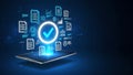 Digital Verification Data Security Concept on Tablet. Online Approval Business Solution with Glowing Blue Icons. Royalty Free Stock Photo