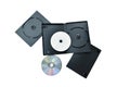 Digital versatile disc or DVD with black plastic box packaging on white background