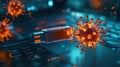 Digital virus infecting computer system via USB connection in a futuristic setting with glowing elements Royalty Free Stock Photo