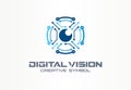 Digital vision creative symbol concept. Circuit robot eye, vr system abstract business logo. Cctv monitor, security scan