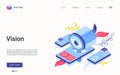 Digital vision technology isometric landing page, 3d abstract machine with human eye