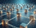 Visualization of a blockchain network with glowing links connecting interconnected blocks and nodes Royalty Free Stock Photo