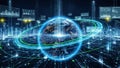 Digital visualization of Earth with glowing data streams and network connections representing global technology and Royalty Free Stock Photo