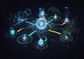A digital visualization featuring a central glowing sphere surrounded by various graphs and data Royalty Free Stock Photo