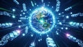 Digital visualization of global blockchain network connecting Earth with glowing nodes and chain links Royalty Free Stock Photo