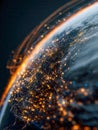 Digital visualization of global interconnected network lights glowing over Earth?s surface symbolizing technology and Royalty Free Stock Photo