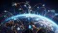 Digital visualization of global network connections across the Earth at night with glowing data points Royalty Free Stock Photo