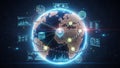 Digital visualization of global network connections and data flow with blockchain and charts surrounding a glowing Royalty Free Stock Photo