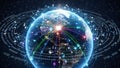 Digital visualization of global network connections with glowing lines and binary code around Earth Royalty Free Stock Photo
