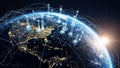 Digital visualization of global network connections with illuminated cities on Earth and satellite towers Keywords Royalty Free Stock Photo