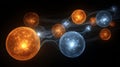 Digital visualization of glowing orange and blue spheres connected by filaments, representing quantum entanglement or Royalty Free Stock Photo