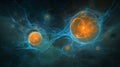 Digital visualization of glowing orange and blue spheres connected by filaments, representing quantum entanglement or Royalty Free Stock Photo