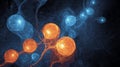 Digital visualization of glowing orange and blue spheres connected by filaments, representing quantum entanglement or Royalty Free Stock Photo