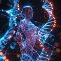 Digital visualization of a human figure composed of illuminated DNA strands surrounded by floating particles Royalty Free Stock Photo