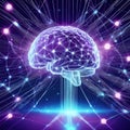 Digital visualization of a neural network with a luminous brain at its core representing data flow and artificial intelligence Royalty Free Stock Photo