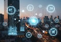 A digital visualization overlays a cityscape at dusk, featuring Royalty Free Stock Photo