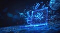 Digital visualization of scientific research with holographic elements including atom, flask, and technology on a futuristic