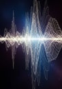 Digital visualization of sound waves, featuring intricate, white waveforms against a Royalty Free Stock Photo