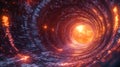 Digital vortex tunnel, fiery core, data stream, abstract background, tech concept Royalty Free Stock Photo