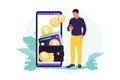 Digital wallet concept. Young wealthy man pays card using mobile payment. Vector illustration. Flat Royalty Free Stock Photo