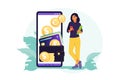Digital wallet concept. Young wealthy woman pays card using mobile payment. Vector illustration. Flat