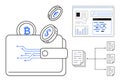 Digital Wallet with Cryptocurrency Coins, Analytics Dashboard, and Document Flow Diagram Royalty Free Stock Photo