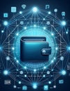 Digital wallet icon surrounded by a network of interconnected devices, illustrating the seamless integration across platforms Royalty Free Stock Photo