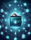 Digital wallet icon surrounded by a network of interconnected devices, illustrating the seamless integration finance saving Royalty Free Stock Photo