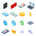 Digital wallet icons set, isometric style