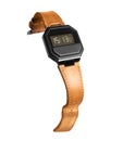 Digital watch with leather strap, isolated on white background Royalty Free Stock Photo