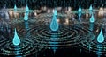 Digital Water Drops in Binary Rain, Futuristic Data Flow, Cybernetic Liquid Royalty Free Stock Photo