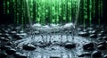 Digital Water Flow Binary Code Rain Over Splashing Liquid and Stones Royalty Free Stock Photo