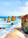 digital watercolor of 12 apostles in Australia