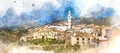 Digital watercolor of Bocairent village. Spain