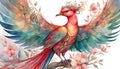 Digital watercolor illustration of a beautiful magical fantasy bird with bright wings and a wavy tail with flowers in the branches