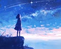 Young girl stands meteor shower digital illustration contemplating night sky Royalty Free Stock Photo