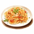 Digital Watercolor Illustration Of Italian Spaghetti With Fresh Tomatoes