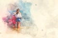 Digital watercolor image. Back rear view mother and little daughter holding hands standing in sea water looking into horizon, copy Royalty Free Stock Photo