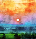 Watercolor painting illustration landscape of a sunset over mid-western farm fields Royalty Free Stock Photo