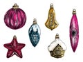 Digital watercolor New Year Christmas tree glass toys set: ball, star, cone, bell, house, icicle isolated sketch art Royalty Free Stock Photo