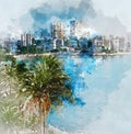 Digital watercolor painting of Albufereta skyline