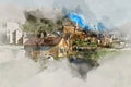 Digital watercolor painting of Baume-les-Messieurs village