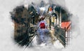 Digital watercolor painting of beautiful image view of Maiko geisha walking on a street of Gion in Kyoto, Japan Royalty Free Stock Photo