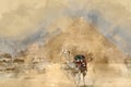 Digital watercolor painting of beautiful landscape image view of Famous Egyptian pyramids of Giza and camel in foreground Royalty Free Stock Photo