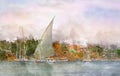 Digital watercolor painting of beautiful landscape image view of Felucca Sailing om the Nile River in Aswan, Egypt Royalty Free Stock Photo