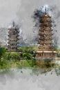 Digital watercolor painting of beautiful landscape image view of Sun and Moon Twin pagodas in Guilin, China