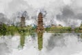 Digital watercolor painting of beautiful landscape image view of Sun and Moon Twin pagodas in Guilin, China