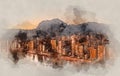 Digital watercolor painting of a Benidorm city