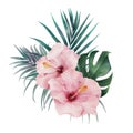 Digital watercolor painting bouquet with Hibiscus flowers, Palm leaves, Monstera Deliciosa Leaf